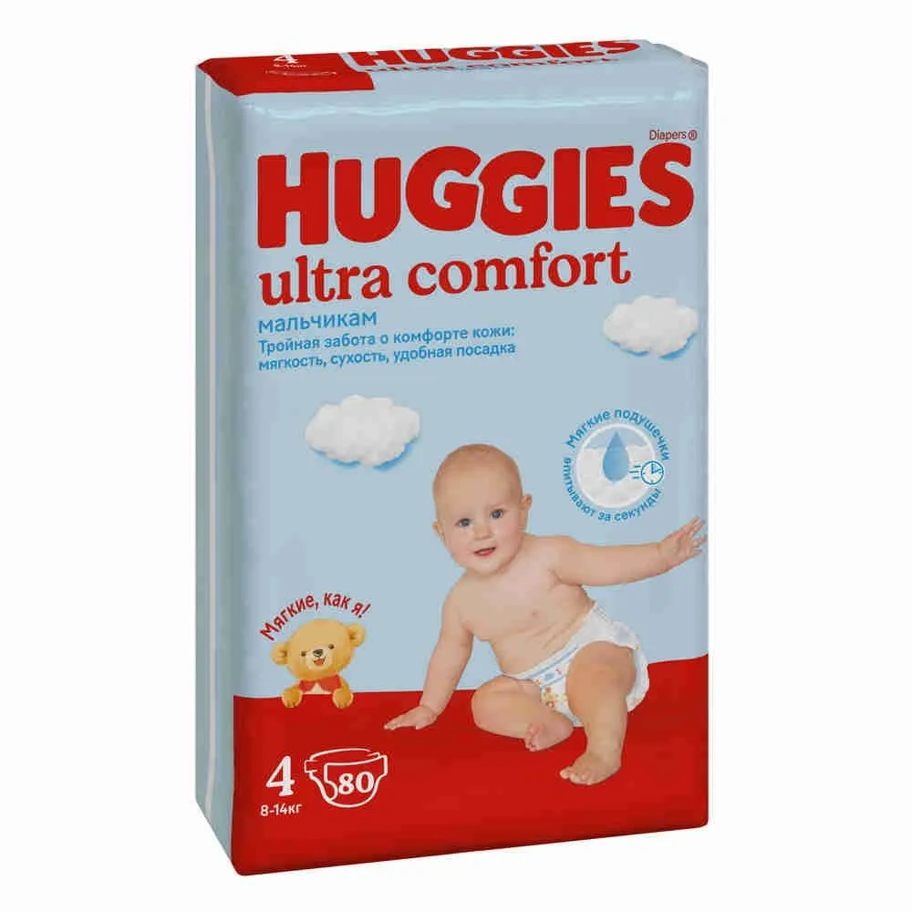 Подгузники Huggies ultra comfort для мальчиков размер 4 (8-14кг) 80шт.